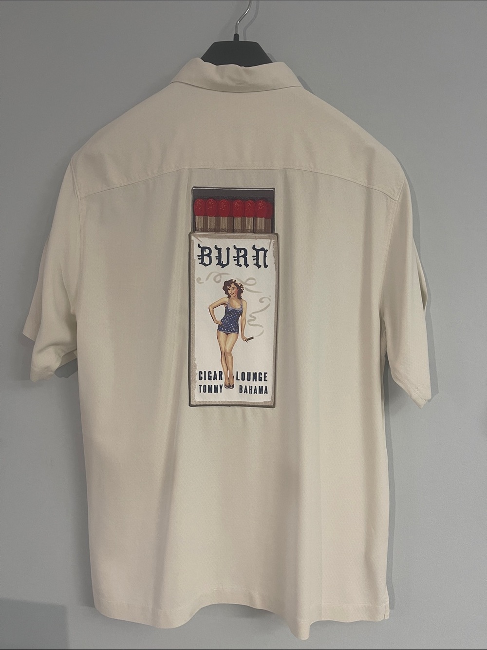 Tommy Bahama Cream Short Sleeve Shirt with 'BURN' Matchbox Back Patch